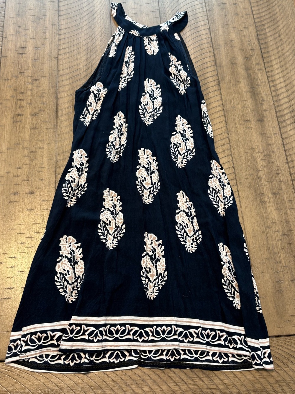 Navy Blue Halter Maxi Dress with Nude Print